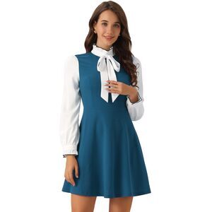 Contrast Color for Vintage Long Sleeve Tie Neck Dress Lake Blue